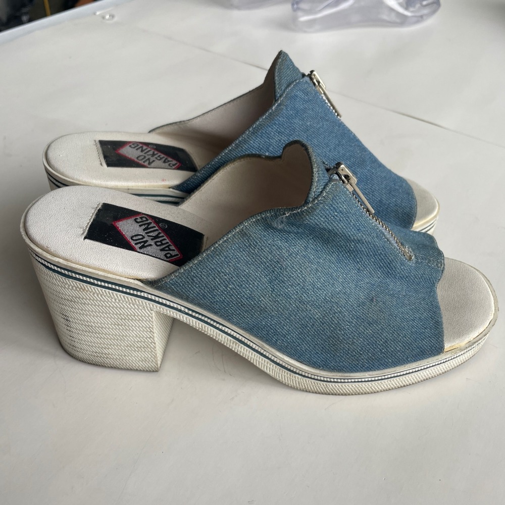 Y2K Denim‎ Mules Heeled Sandals Zip Open Toe 90s Platform Shoes Women's Size 7.5